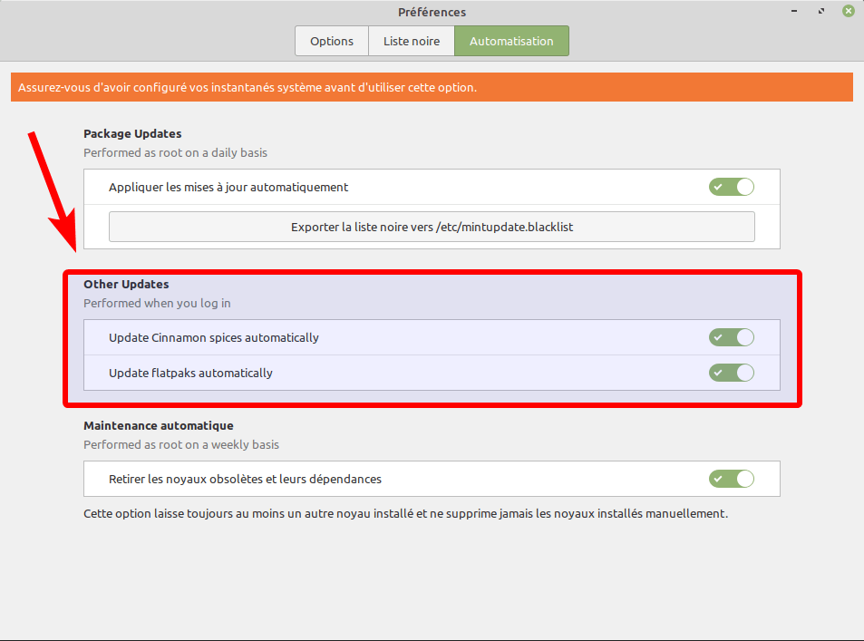 Linux Mint 20.2 mintupdate - options autoupdate spices flatpak