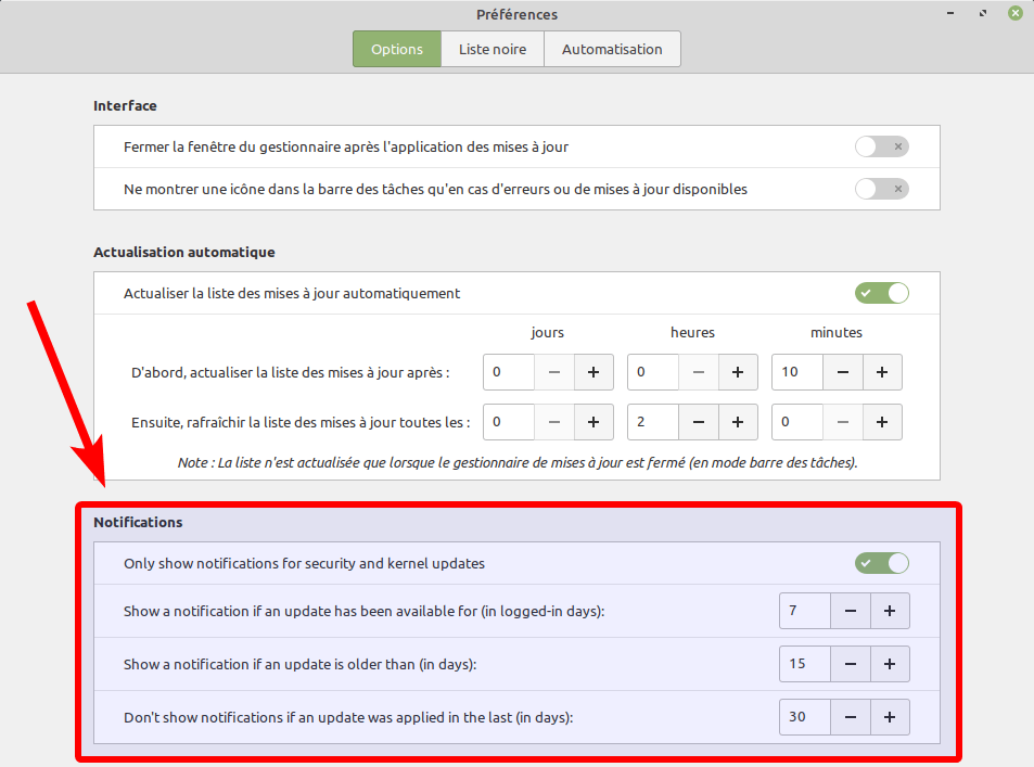Linux Mint 20.2 mintupdate - préférences pour les notifications