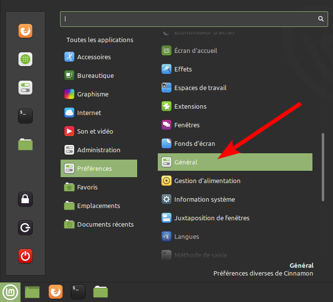 Linux Mint - Accès aux préférences Cinnamon