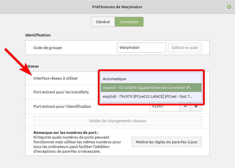 Warpinator - choix interface réseau