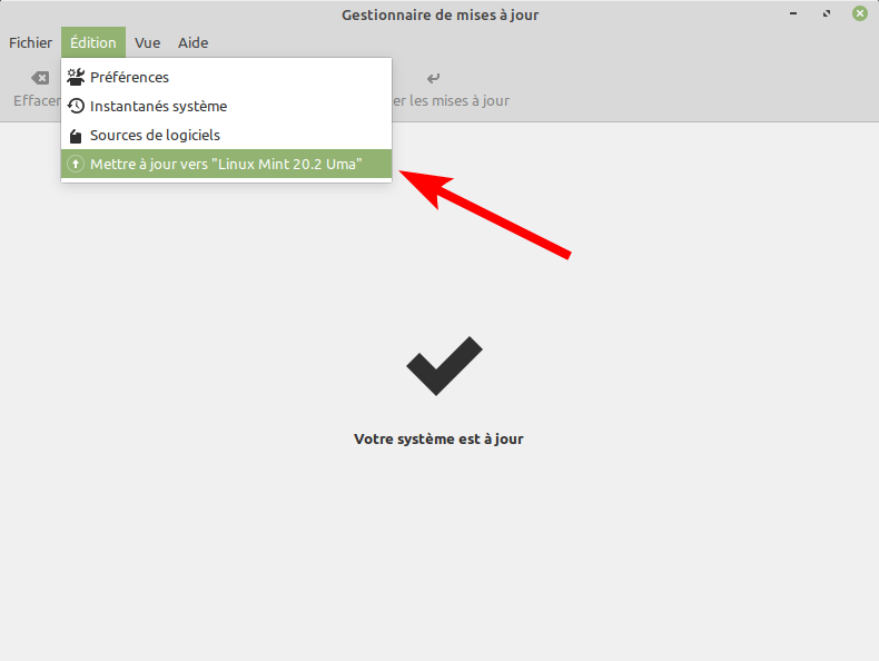 Accès pour lancer la mise à jour vers Linux Mint 20.2