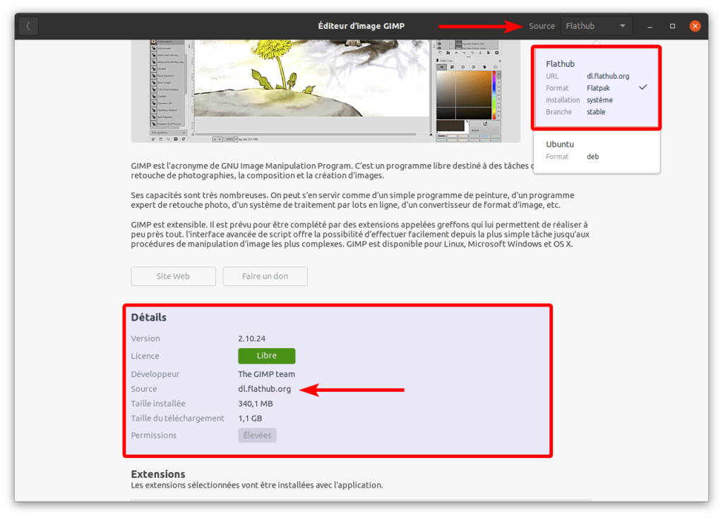 Détails paquet flatpak gimp dans ubuntu 20-04