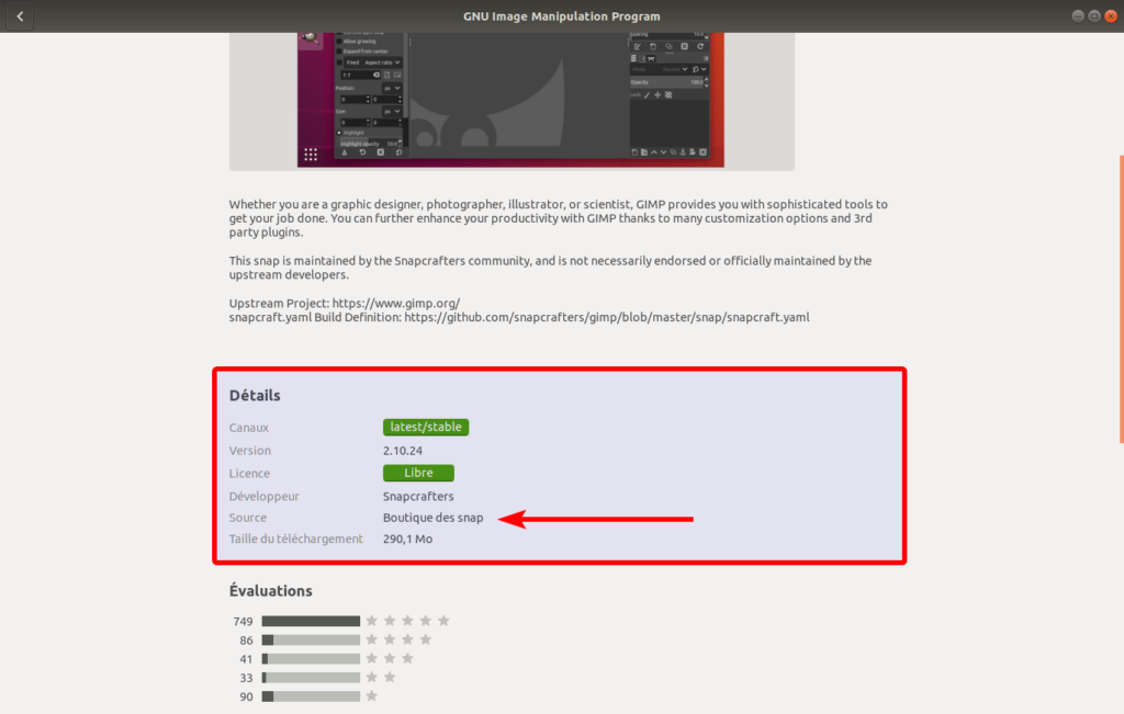 Détails du paquet snap gimp dans Ubuntu 18.04