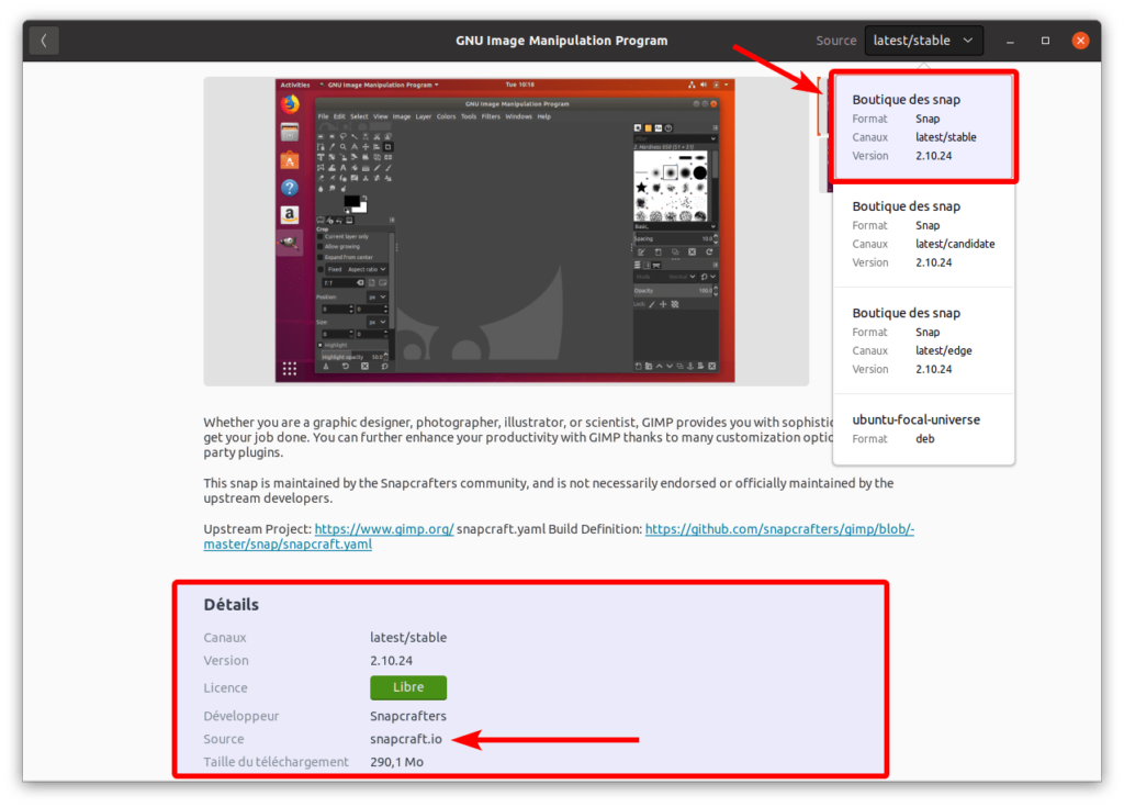 Détails paquet snap Gimp dans Ubuntu 20.04