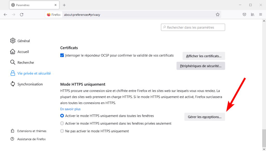 Firefox 90 gestion exceptions mode https only