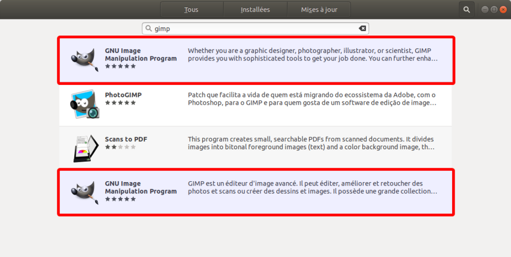 Paquets Gimp dans logithèque Ubuntu 18.04