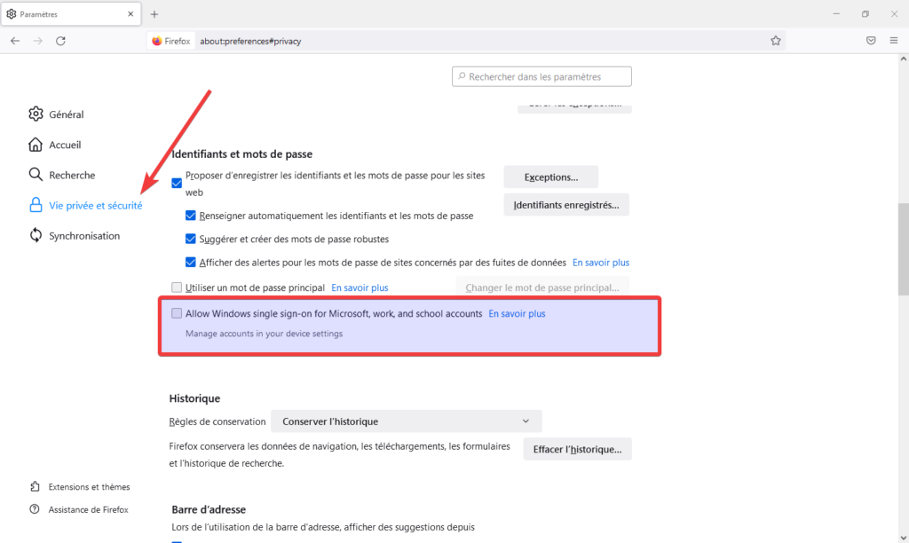 Firefox 91 - préférences Windows SSO