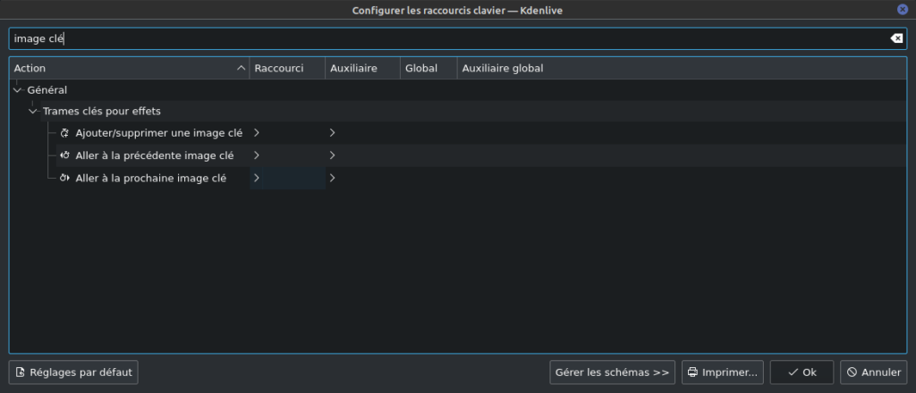 kdenlive 21.08 - raccourcis pour keyframe