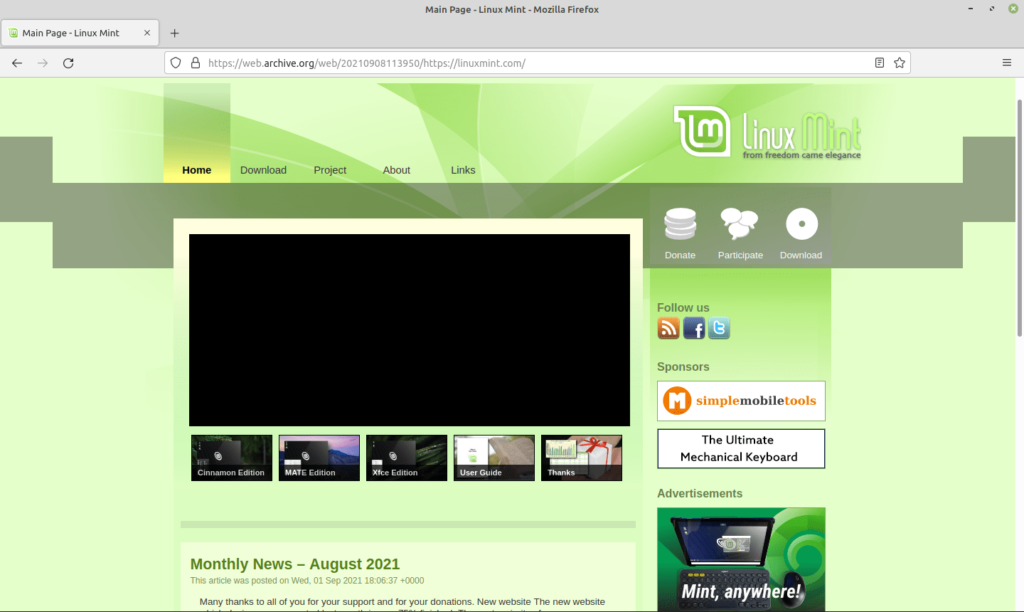 Page d'accueil de l'ancien site de Linux Mint sur ordinateur.