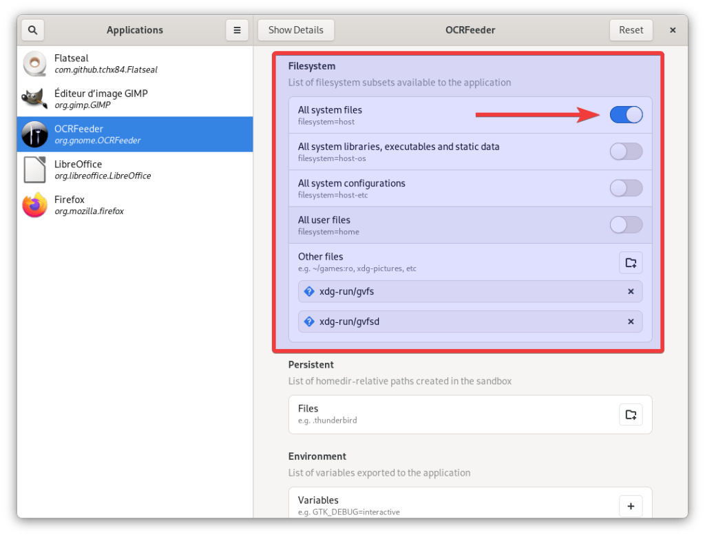 Flatseal - permissions pour accès à tout le système de fichiers