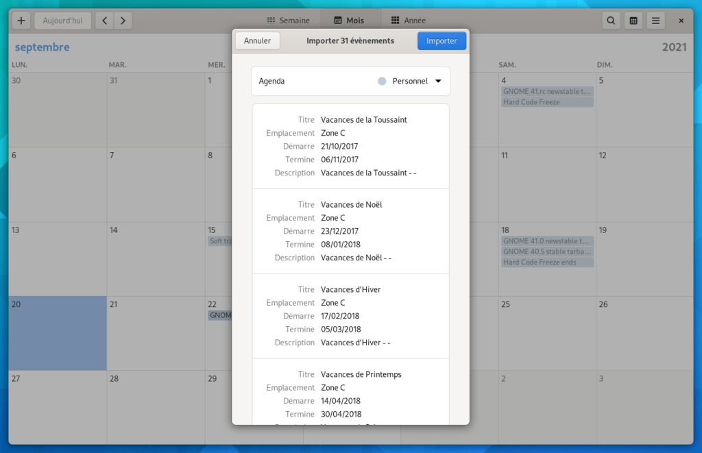gnome calendar - import ics