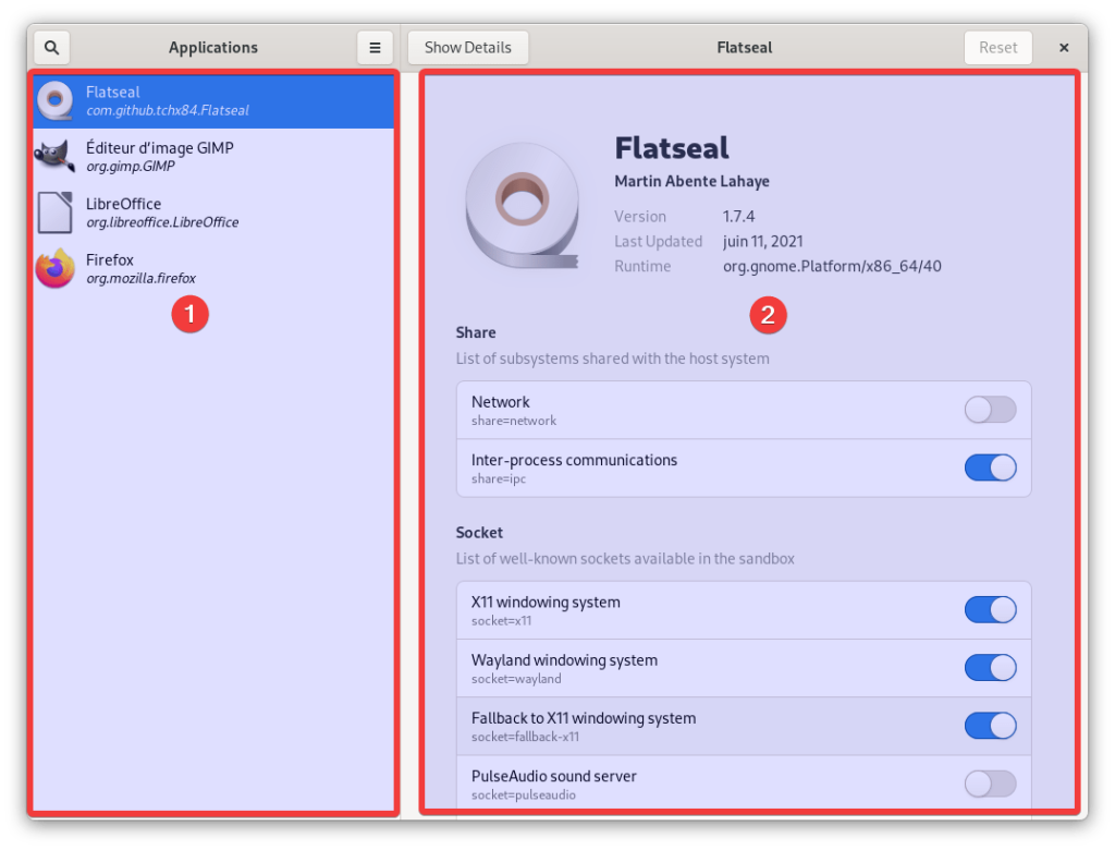 Interface Flatseal pour modifier les permissions d'une application Flatpak