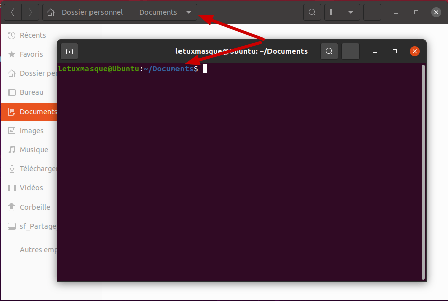 Terminal ouvert dans le dossier Documents