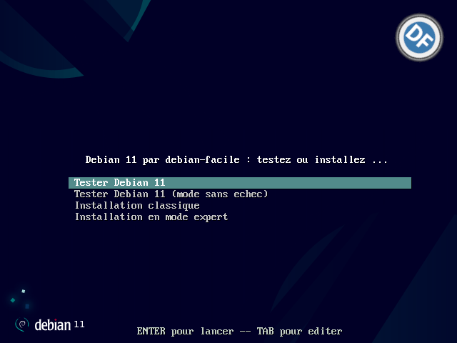 menu d'installation dans DFiso 11