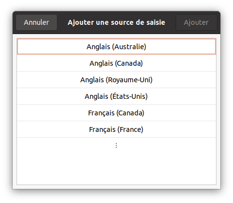 Sélection de la langue du clavier dans la première variante d'Ubuntu