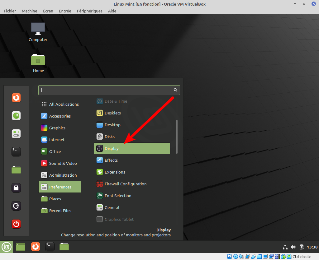 Accès Affichage dans Linux Mint Cinnamon