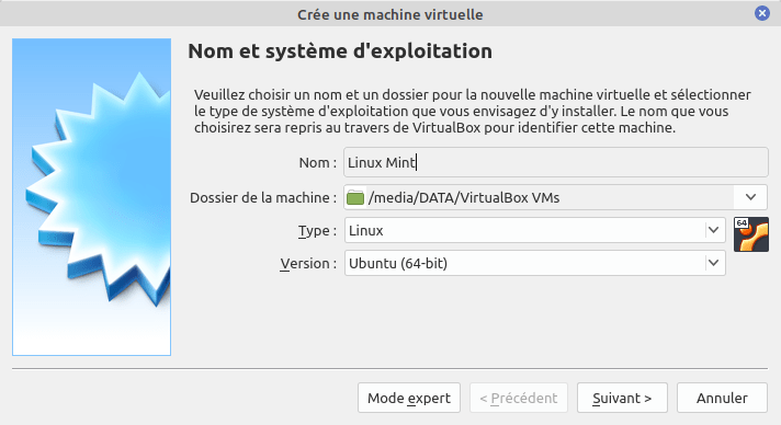Création VirtualBox Linux Mint : nommage et type
