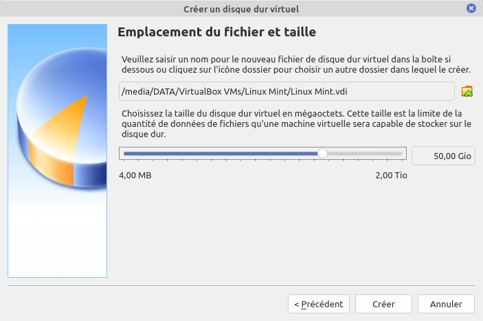 Création VirtualBox Linux Mint : Emplacement fichier et taille