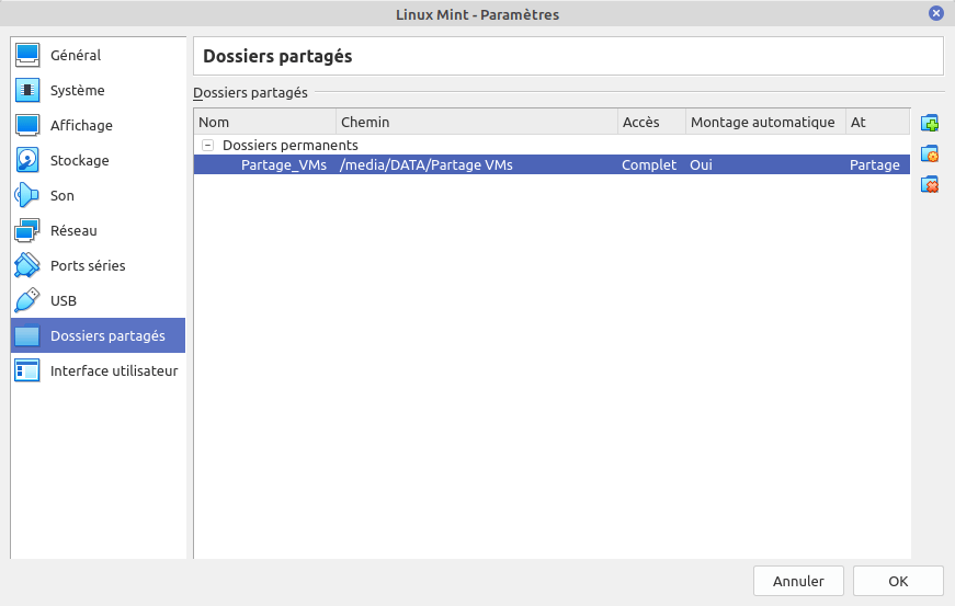 Paramètres VirtualBox Linux Mint - Dossiers partagés