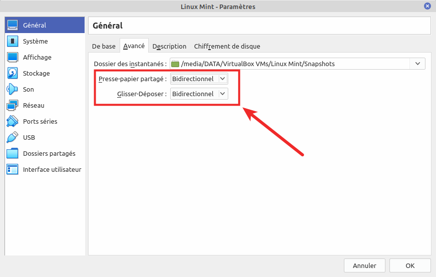 Paramètres VirtualBox Linux Mint - Général - Avancé