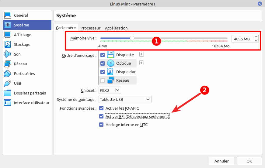 Paramètres VirtualBox Linux Mint - Système - Carte mère