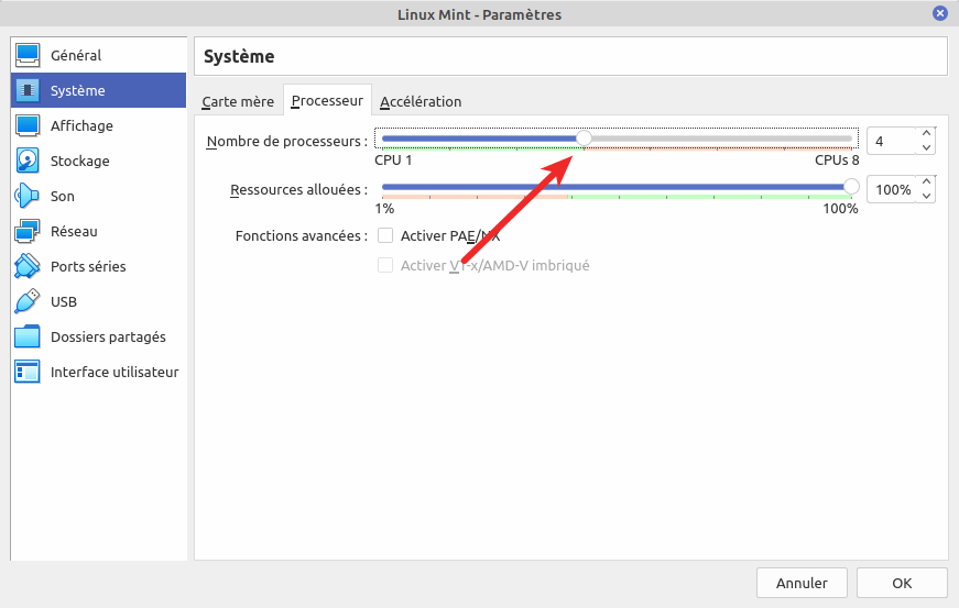 Paramètres VirtualBox Linux Mint - Système - Processeur