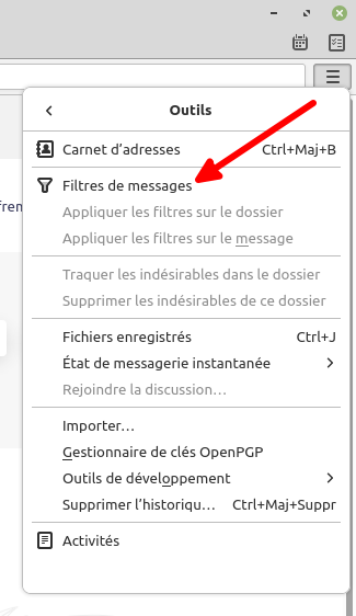 Thunderbird - Accès filtres de messages