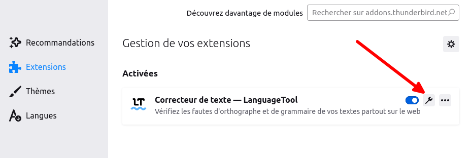 Thunderbird - Accès options du correcteur grammatical LanguageTool