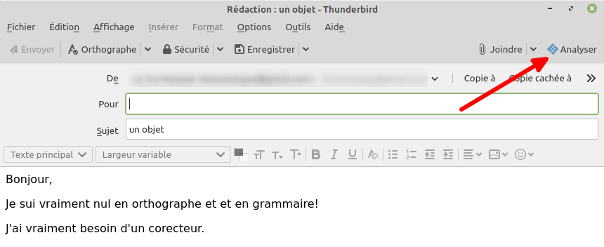 Thunderbird - Bouton pour lancer la correction orthographie et grammatical du texte