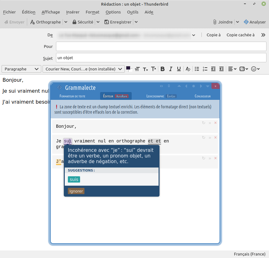Thunderbird - proposition par le correcteur grammatical Grammalecte pour corriger la faute 1