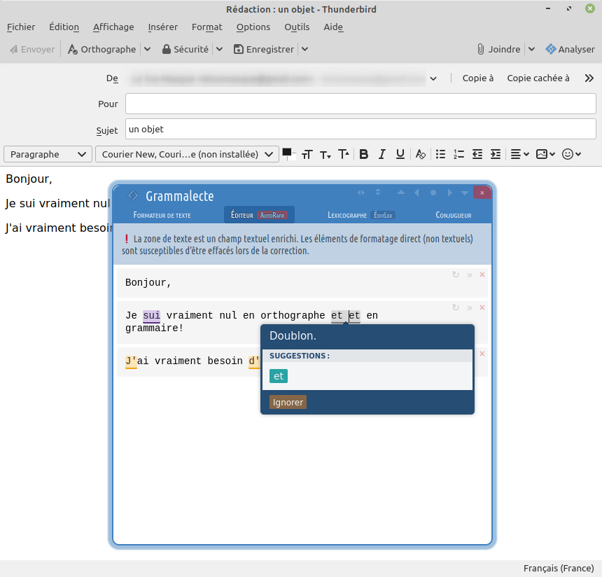 Thunderbird - proposition par le correcteur grammatical Grammalecte pour corriger la faute 2