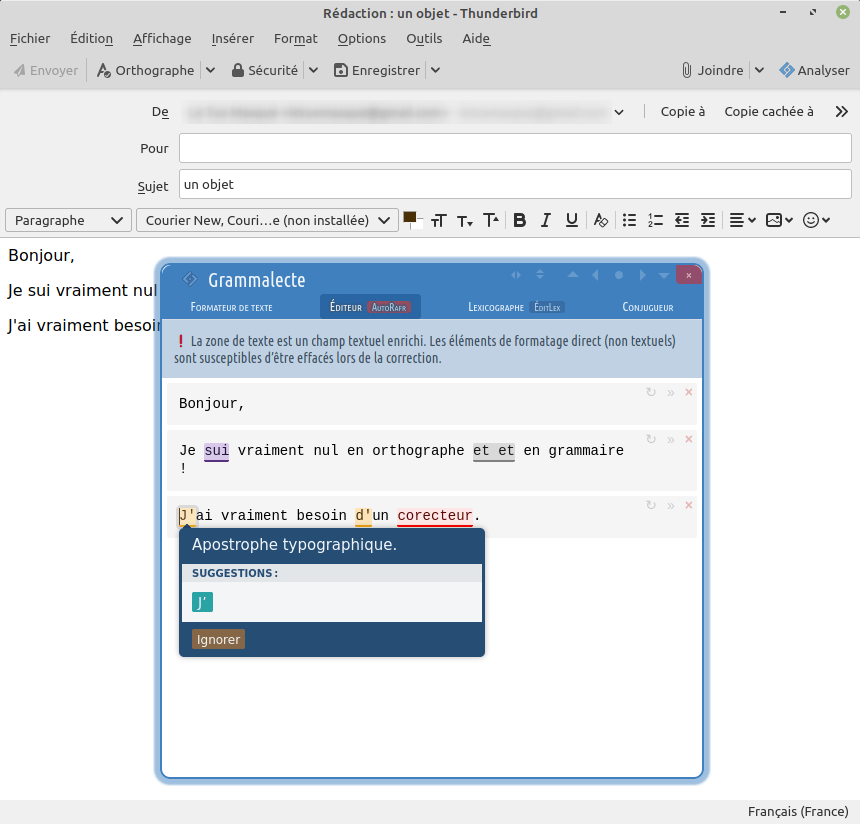 Thunderbird - proposition par le correcteur grammatical Grammalecte pour corriger la faute 3