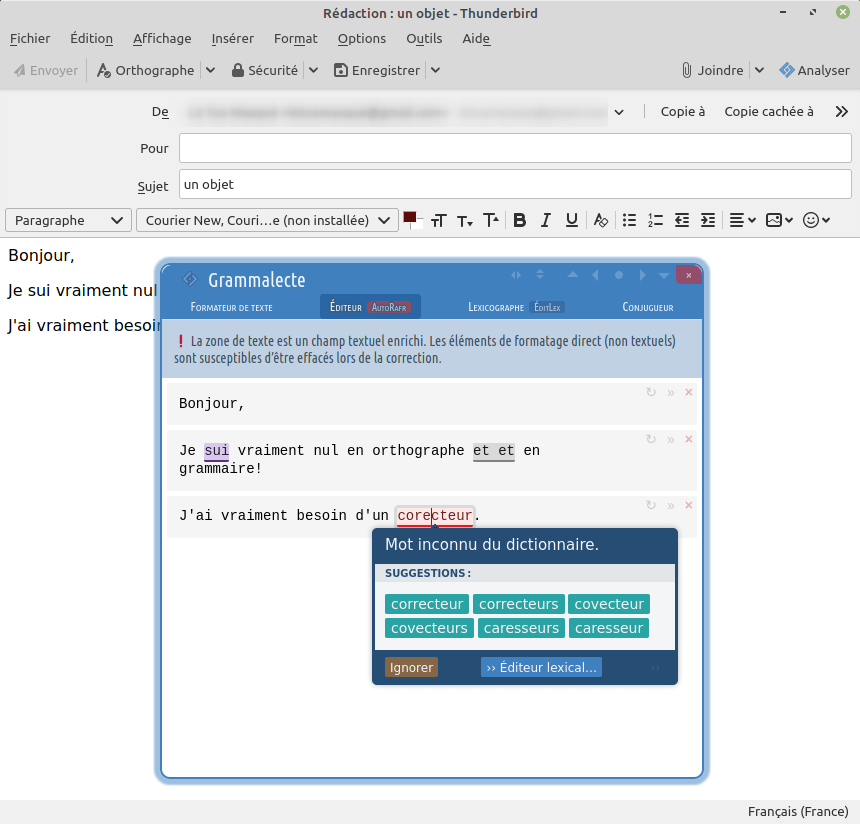 Thunderbird - proposition par le correcteur grammatical Grammalecte pour corriger la faute 4