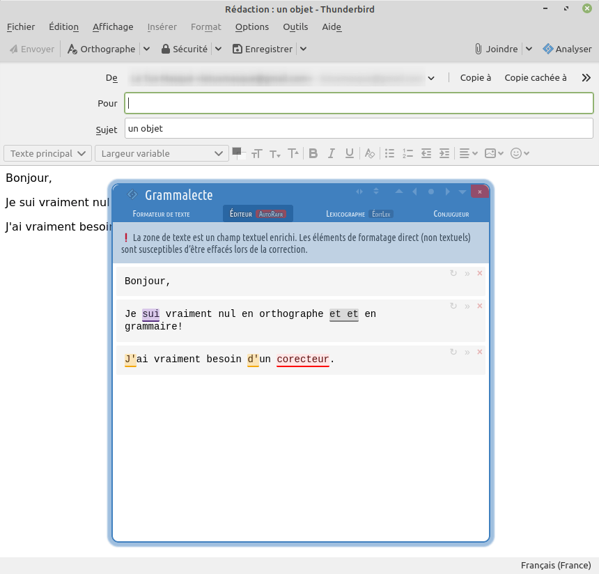 Thunderbird - le correcteur grammatical Grammalecte souligne les fautes