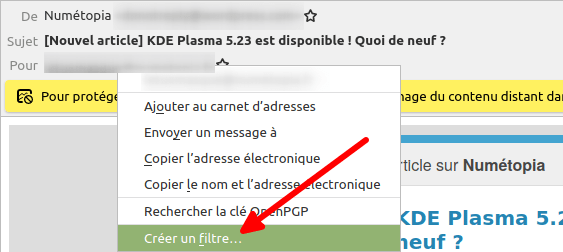 Thunderbird - Créer filtre sur destinataire depuis mail