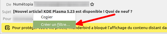 Thunderbird - Créer filtre sur objet depuis mail