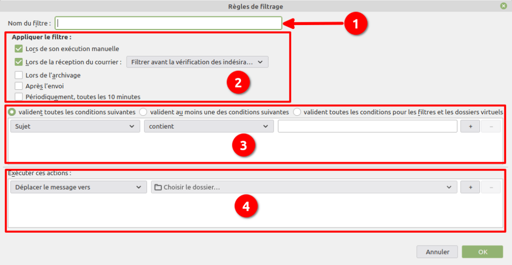 Thunderbird - Fenêtre règles de filtrage pour classer automatiquement les mails