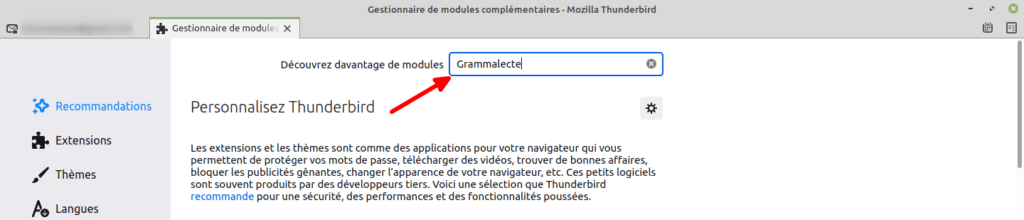 Thunderbird - recherche du module Grammalecte pour l'installer