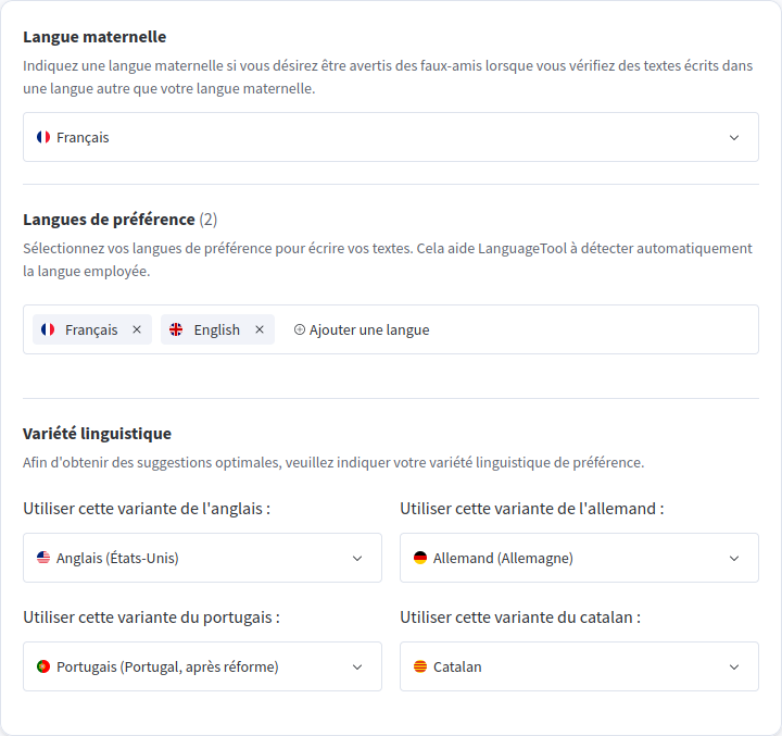 Thunderbird - LanguageTool préférences - Langues