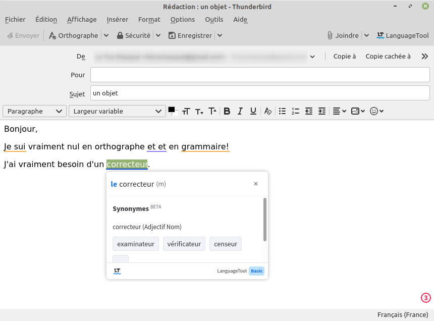 Thunderbird - LanguageTool - Synonymes pour un mot