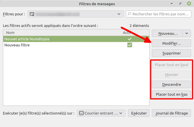 Thunderbird - Liste des filtres