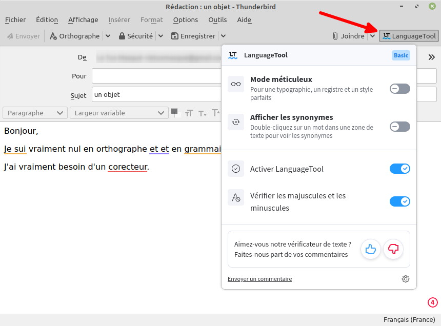 Thunderbird - menu LanguageTool dans une fenêtre de composition de message