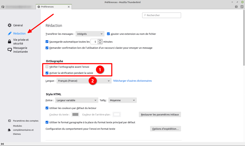 Thunderbird - Préférences du correcteur d'orthographe intégré