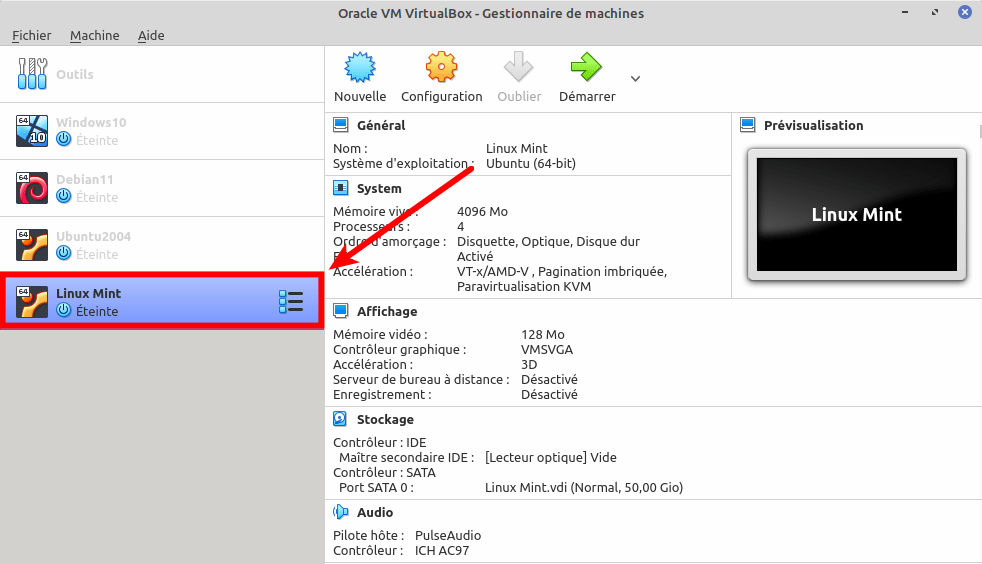 Machine virtuelle Linux Mint dans gestionnaire VirtualBox