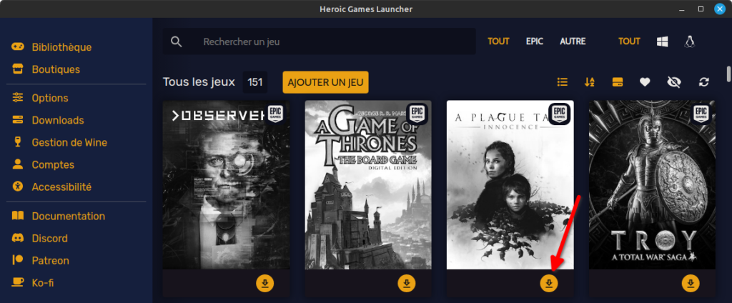 Heroic games - bibliothèque - installer un jeu