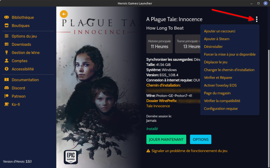 Heroic - Fiche jeu Epic Games installé sous Linux