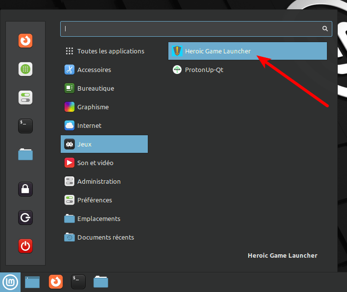 Lanceur Heroic dans le menu de Linux Mint