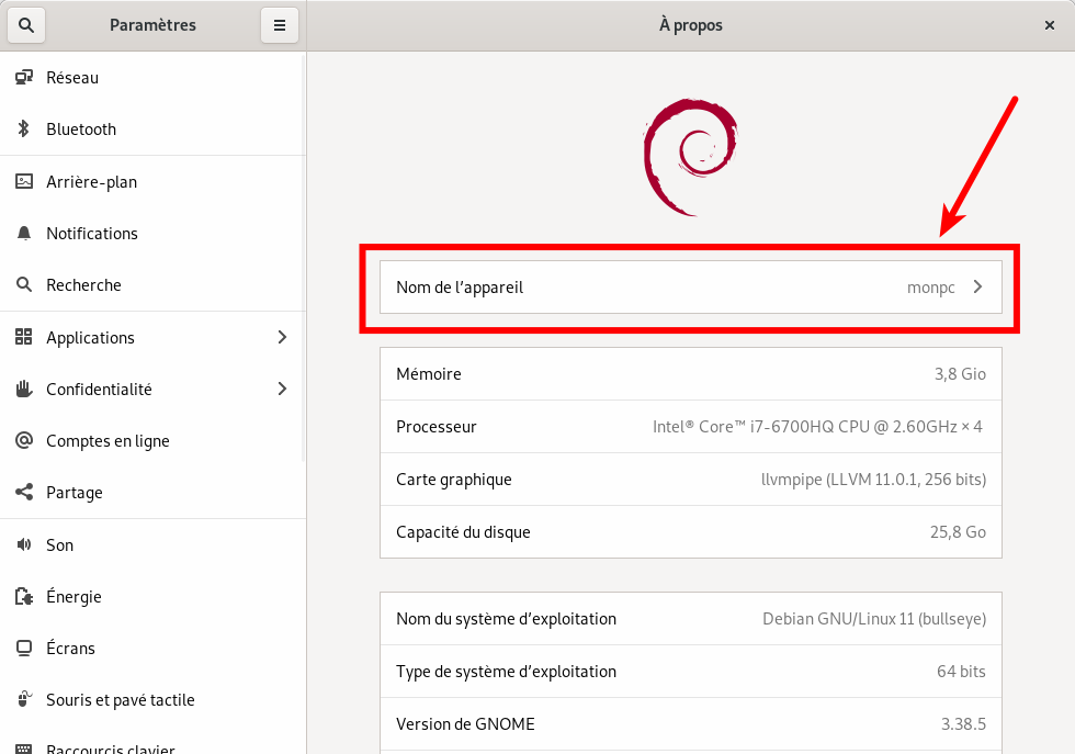 Nom de machine dans paramètres Gnome