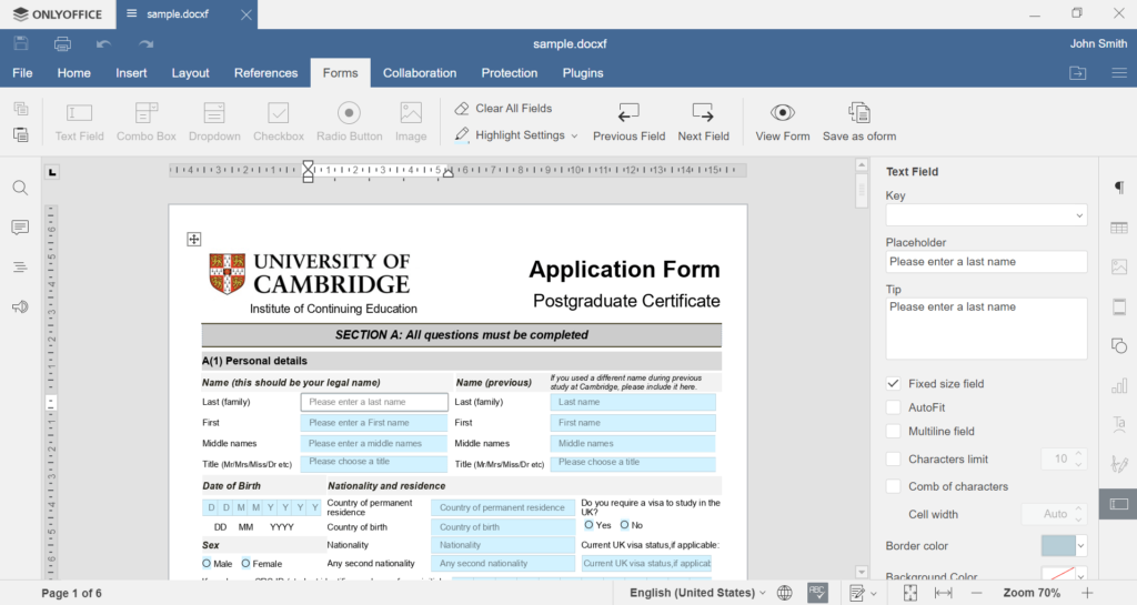 Formulaire OnlyOffice 7.0