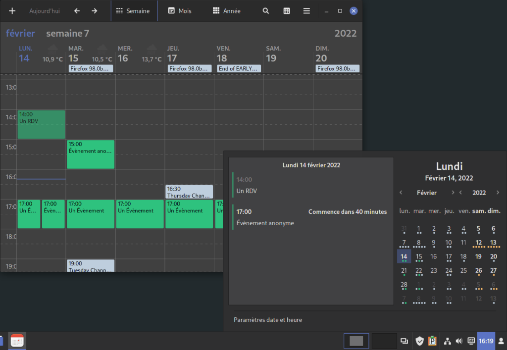 Évènements gnome calendar dans applet calendrier de cinnamon